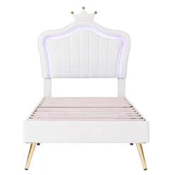 Redom Lit simple 90 sur 200 cm cadre en PU cuir blanc style couronne avec LED sommier et tête de lit matelas non inclus