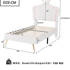 Redom Lit simple 90 sur 200 cm cadre en PU cuir blanc style couronne avec LED sommier et tête de lit matelas non inclus