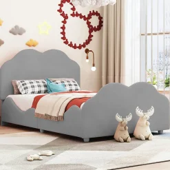 Redom Lit simple 90 sur 200 cm cadre avec barrières tête et pied en forme de nuage en velours doux gris