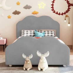 Redom Lit simple 90 sur 200 cm cadre avec barrières tête et pied en forme de nuage en velours doux gris
