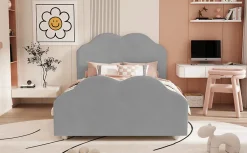 Redom Lit simple 90 sur 200 cm cadre avec barrières tête et pied en forme de nuage en velours doux gris