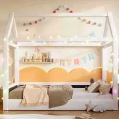 Okwish Lit Simple 90 x 200 cm - Canapé-Lit avec Éclairage LED Intégré, Gain de Place pour Chambre, Bois Massif, Sans Matelas, Beige Clearance