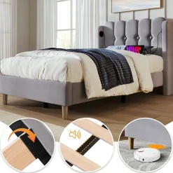 Okwish Lit Simple 90 x 200 Cm - Lit Adult avec Chargement USB Type-C - Lin, MDF, Métal - Sans Matelas - Gris