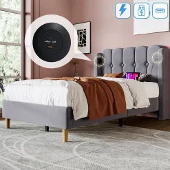 Okwish Lit Simple 90 x 200 Cm - Lit Adult avec Chargement USB Type-C - Lin, MDF, Métal - Sans Matelas - Gris