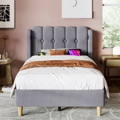 Okwish Lit Simple 90 x 200 Cm - Lit Adult avec Chargement USB Type-C - Lin, MDF, Métal - Sans Matelas - Gris