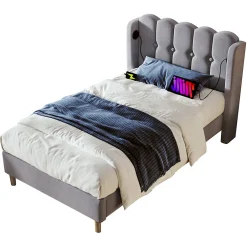 Okwish Lit Simple 90 x 200 Cm - Lit Adult avec Chargement USB Type-C - Lin, MDF, Métal - Sans Matelas - Gris