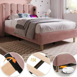 Okwish Lit Simple 90 x 200 Cm - Lit Adult avec Chargement USB Type-C - Velours, MDF, Métal - Sans Matelas - Rose