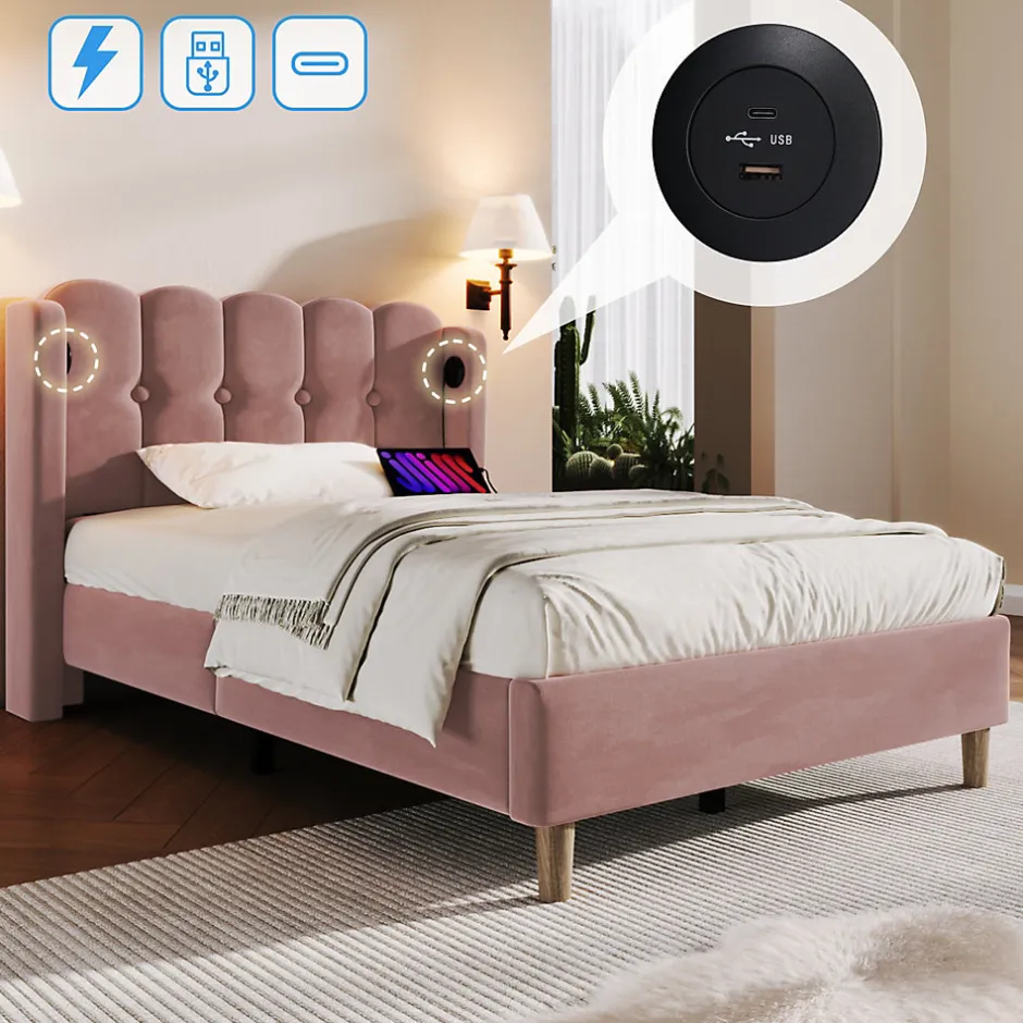 Okwish Lit Simple 90 x 200 Cm - Lit Adult avec Chargement USB Type-C - Velours, MDF, Métal - Sans Matelas - Rose