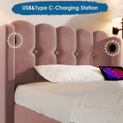 Okwish Lit Simple 90 x 200 Cm - Lit Adult avec Chargement USB Type-C - Velours, MDF, Métal - Sans Matelas - Rose