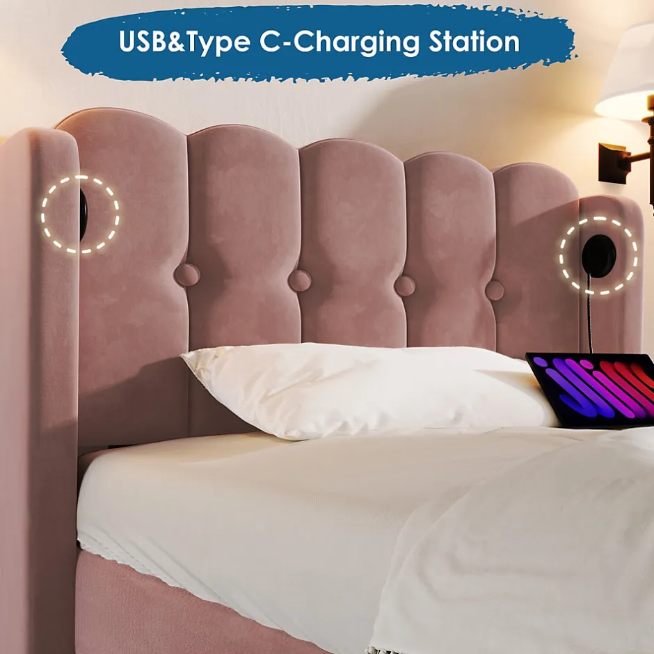Okwish Lit Simple 90 x 200 Cm - Lit Adult avec Chargement USB Type-C - Velours, MDF, Métal - Sans Matelas - Rose