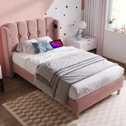 Okwish Lit Simple 90 x 200 Cm - Lit Adult avec Chargement USB Type-C - Velours, MDF, Métal - Sans Matelas - Rose