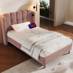 Okwish Lit Simple 90 x 200 Cm - Lit Adult avec Chargement USB Type-C - Velours, MDF, Métal - Sans Matelas - Rose