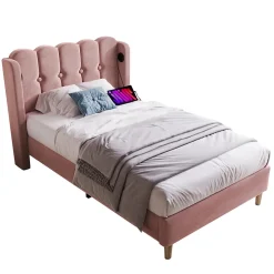 Okwish Lit Simple 90 x 200 Cm - Lit Adult avec Chargement USB Type-C - Velours, MDF, Métal - Sans Matelas - Rose