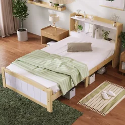 Okwish Lit simple 90 x 200 cm - Lit avec Tête de Lit Rangement - Bois Massif + MDF - avec Matelas - Blanc New
