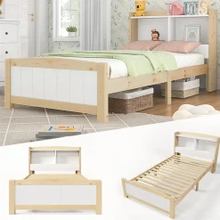 Okwish Lit simple 90 x 200 cm - Lit avec Tête de Lit Rangement - Bois Massif + MDF - avec Matelas - Blanc New