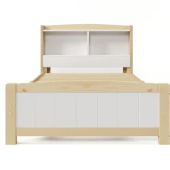 Okwish Lit simple 90 x 200 cm - Lit avec Rangement Tête de Lit - Bois Massif et MDF - Sans Matelas - Blanc