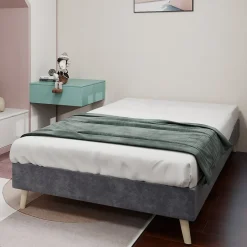 Okwish Lit Simple Adulte 90x200 cm - Lit Bas Sans Tête de Lit, Sans Matelas, Moderne et Minimaliste, Velours Gris