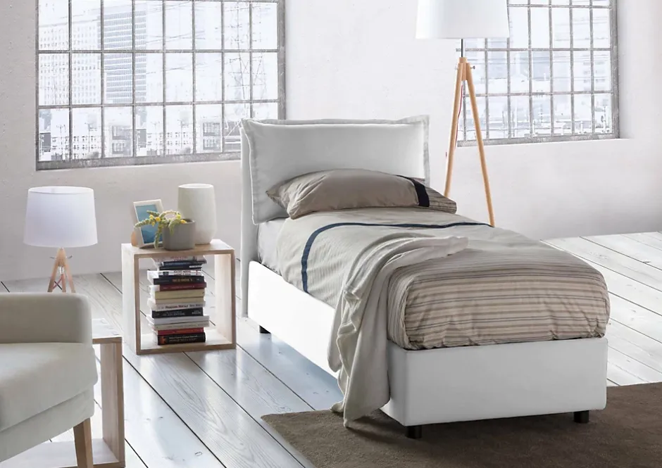 Talamo Italia Lit simple Aren, Lit coffre avec revêtement en tissu, 100% Made in Italy, Ouverture latérale, avec matelas 80x190 cm inclus, Blanc Online