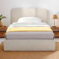 Idimex Lit simple BELARTI 90 x 190 cm rembourré, revêtement en tissu - Blanc crème