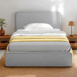 Idimex Lit simple BELARTI 90 x 190 cm rembourré, revêtement en tissu - Gris clair