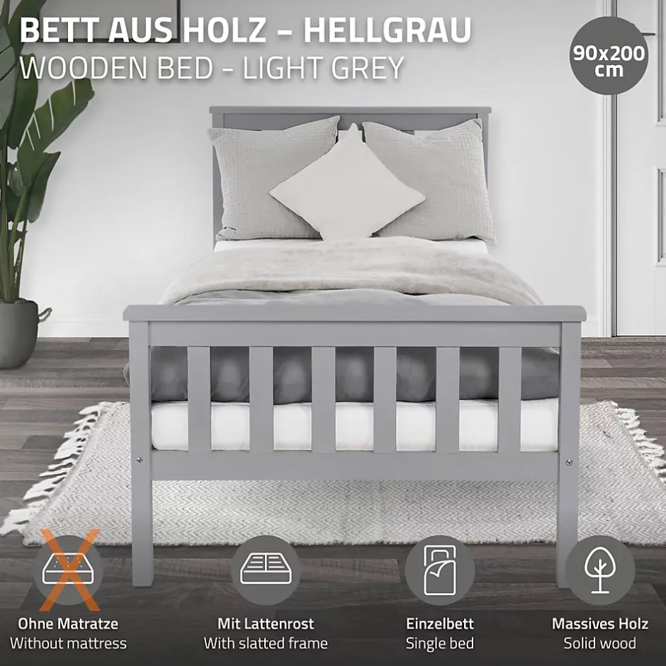Ml-Design Lit simple bois de pin gris clair d'adolescents avec sommier à lattes 200x90 cm Hot