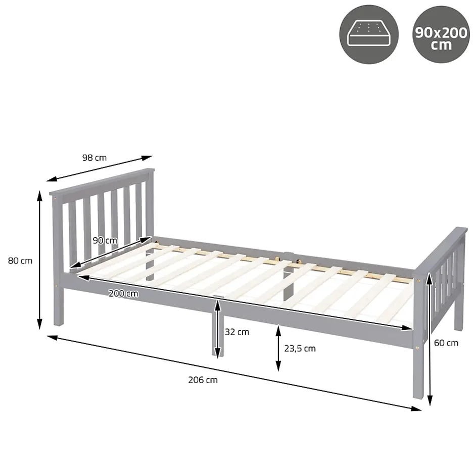 Ml-Design Lit simple bois de pin gris clair d'adolescents avec sommier à lattes 200x90 cm Hot
