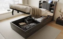 Redom Lit simple bois gris 90 par 200 cm avec tete de lit rangement prise USB et Type C systeme hydraulique sans matelas Online