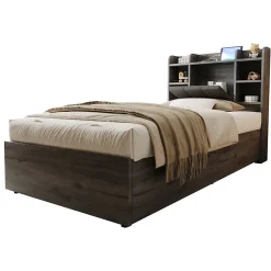 Redom Lit simple bois gris 90 par 200 cm avec tete de lit rangement prise USB et Type C systeme hydraulique sans matelas Online