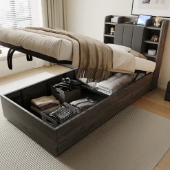 Redom Lit simple bois gris 90 par 200 cm avec tete de lit rangement prise USB et Type C systeme hydraulique sans matelas Online