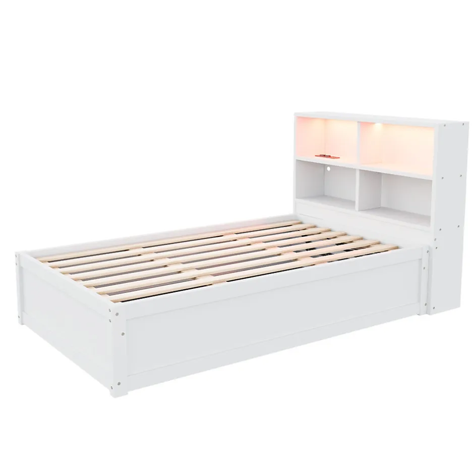 Redom Lit simple bois massif blanc avec rangements prise lumiere LED et systeme hydraulique