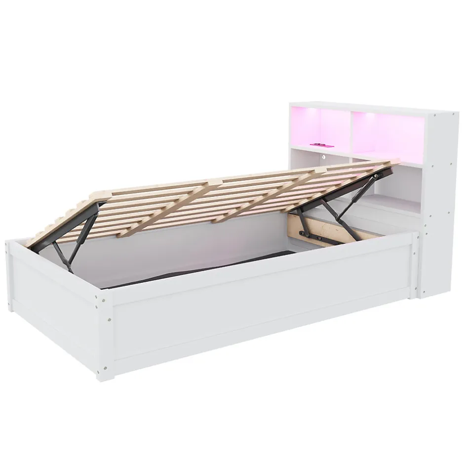 Redom Lit simple bois massif blanc avec rangements prise lumiere LED et systeme hydraulique