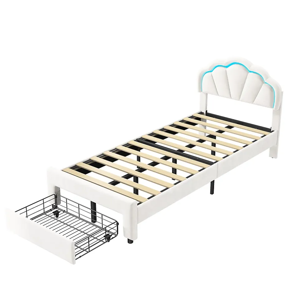Generique Lit simple capitonné 90x200 cm avec tiroirs, sommier à lattes, velours, bande lumineuse LED - Blanc Discount