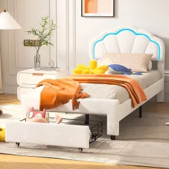Generique Lit simple capitonné 90x200 cm avec tiroirs, sommier à lattes, velours, bande lumineuse LED - Blanc Discount