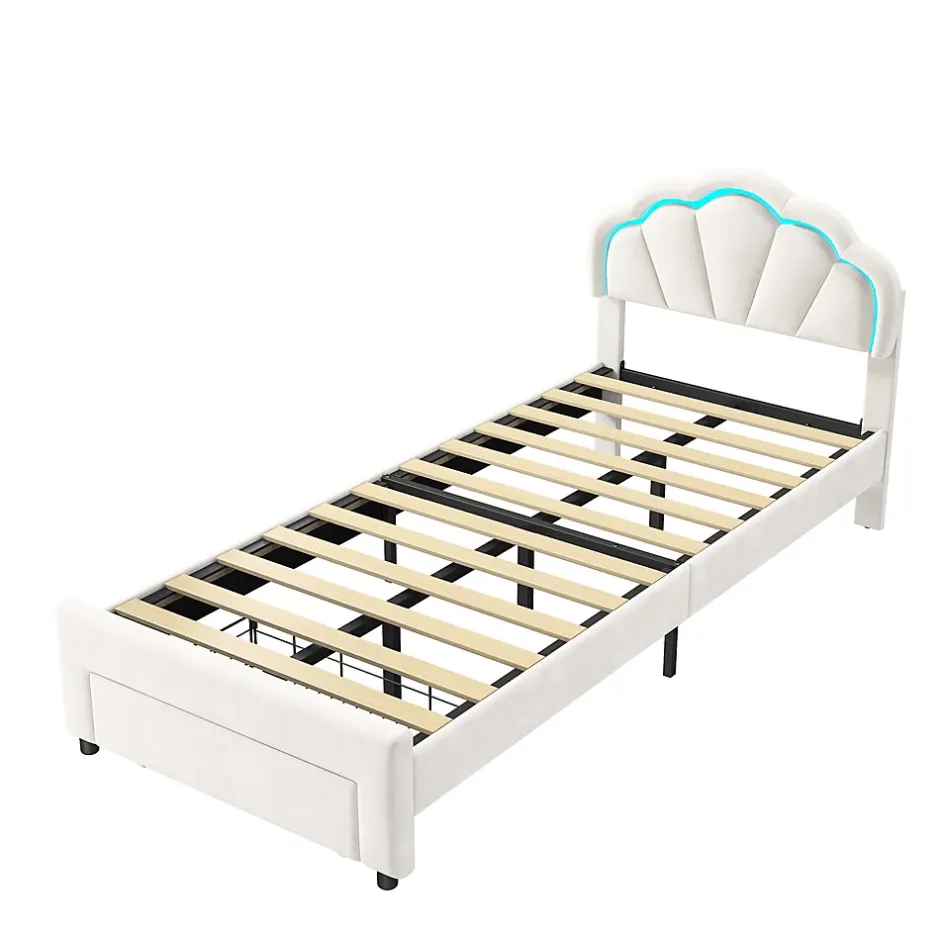 Generique Lit simple capitonné 90x200 cm avec tiroirs, sommier à lattes, velours, bande lumineuse LED - Blanc Discount