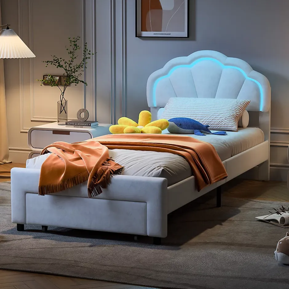 Generique Lit simple capitonné 90x200 cm avec tiroirs, sommier à lattes, velours, bande lumineuse LED - Blanc Discount