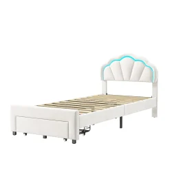 Generique Lit simple capitonné 90x200 cm avec tiroirs, sommier à lattes, velours, bande lumineuse LED - Blanc Discount