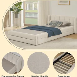 Okwish Lit Simple Capitonné 90x200 cm - avec Dossier Confortable, Revêtement en Chenille Doux, Couleur Beige - Sans Matelas