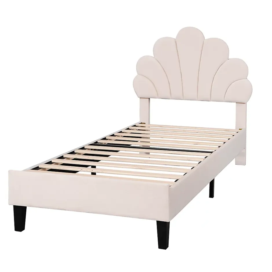 Simple Life Lit simple capitonnés 90 x 200 cm, tête de lit en forme de fleur, sommier à lattes, velours, Beige Discount