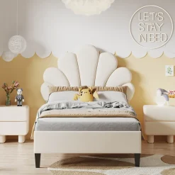 Simple Life Lit simple capitonnés 90 x 200 cm, tête de lit en forme de fleur, sommier à lattes, velours, Beige Discount