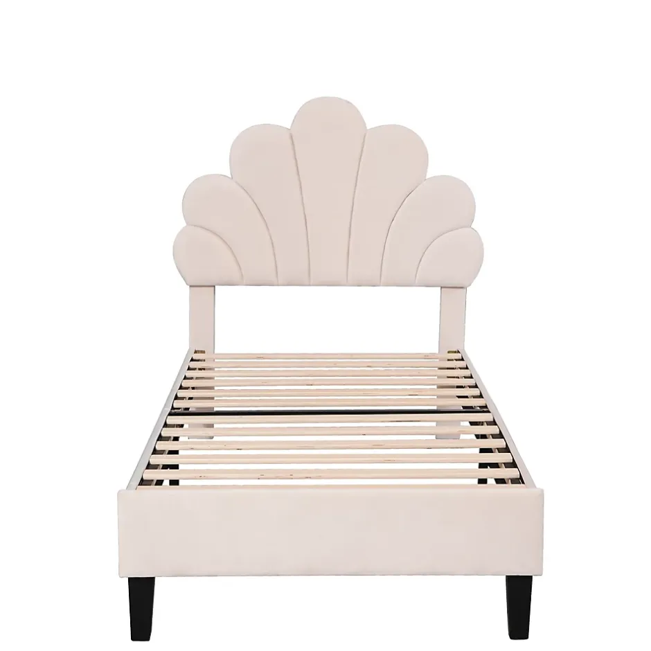 Simple Life Lit simple capitonnés 90 x 200 cm, tête de lit en forme de fleur, sommier à lattes, velours, Beige Discount