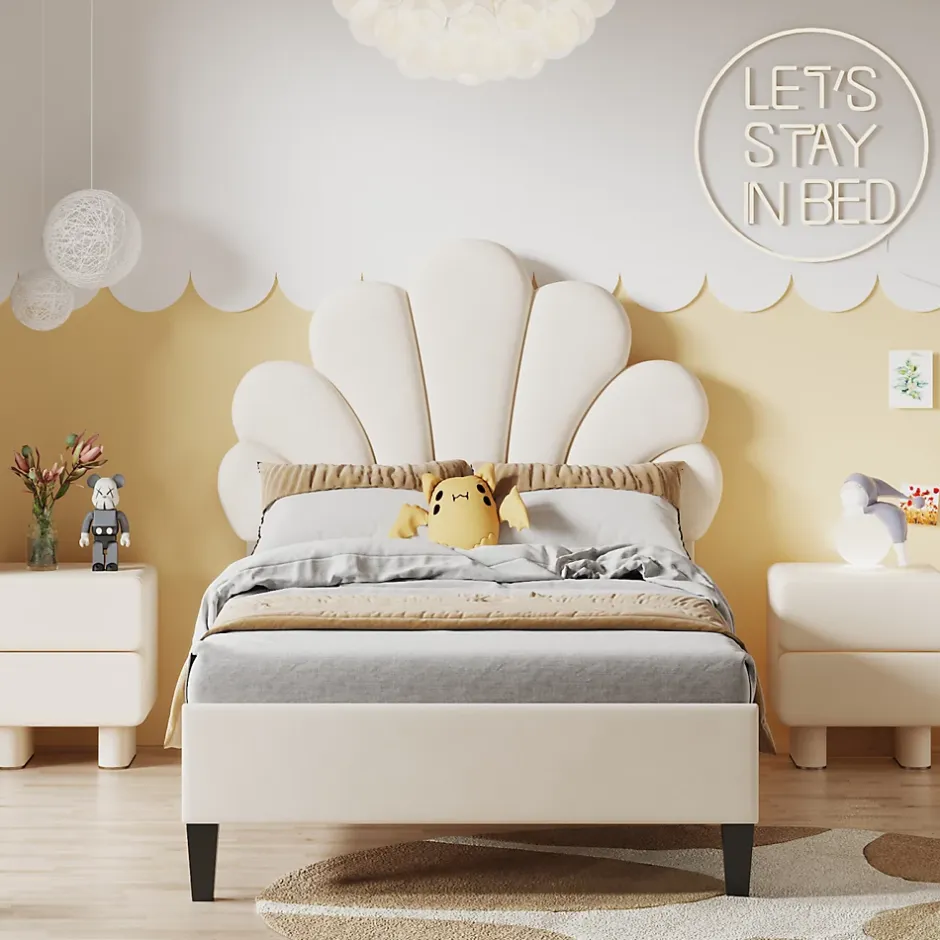 ProximaX Lit simple capitonnés 90 x 200 cm - tête de lit en forme de fleur - sommier à lattes - velours - Beige New