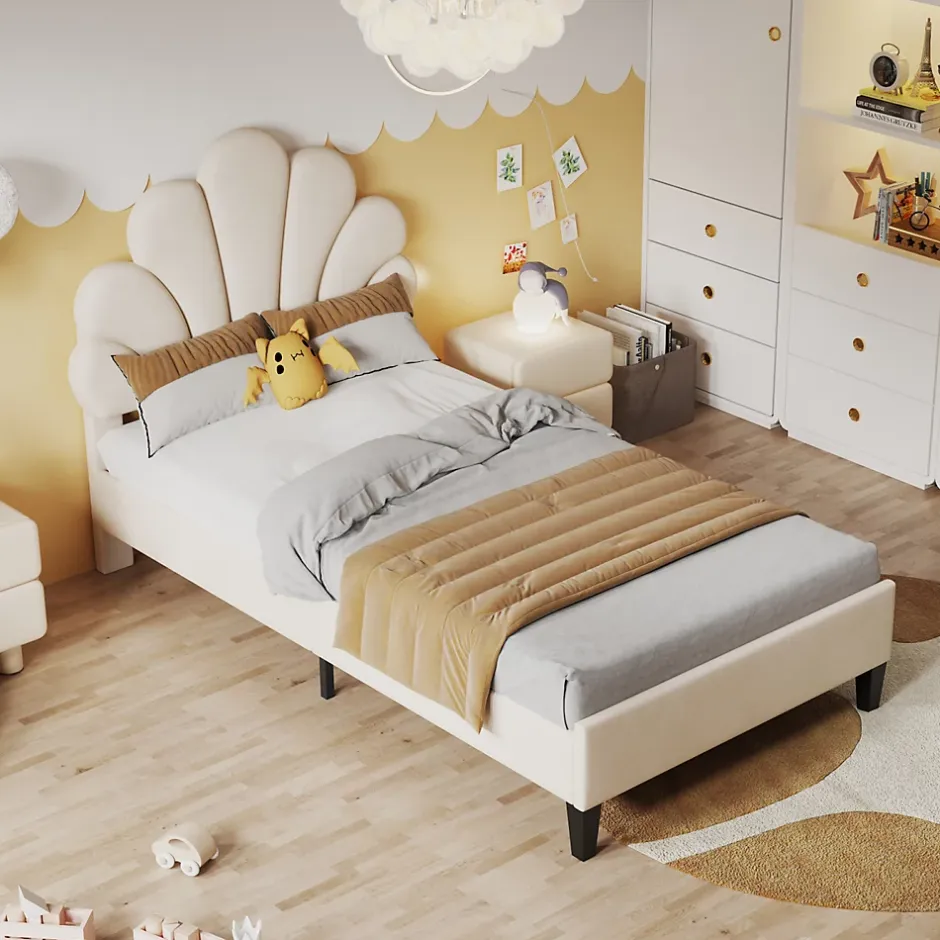 ProximaX Lit simple capitonnés 90 x 200 cm - tête de lit en forme de fleur - sommier à lattes - velours - Beige New