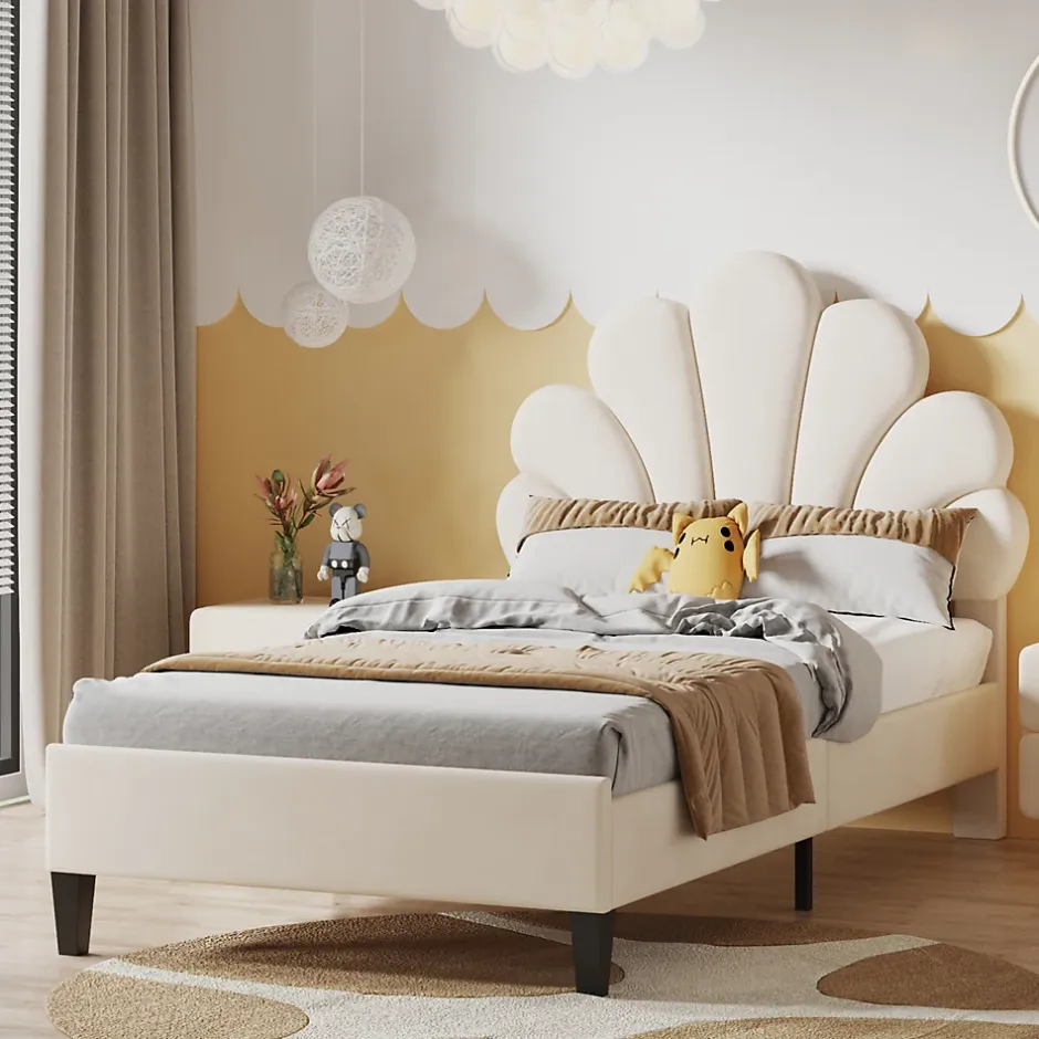 ProximaX Lit simple capitonnés 90 x 200 cm - tête de lit en forme de fleur - sommier à lattes - velours - Beige New