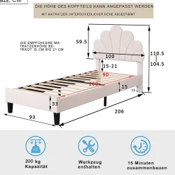 ProximaX Lit simple capitonnés 90 x 200 cm - tête de lit en forme de fleur - sommier à lattes - velours - Beige New