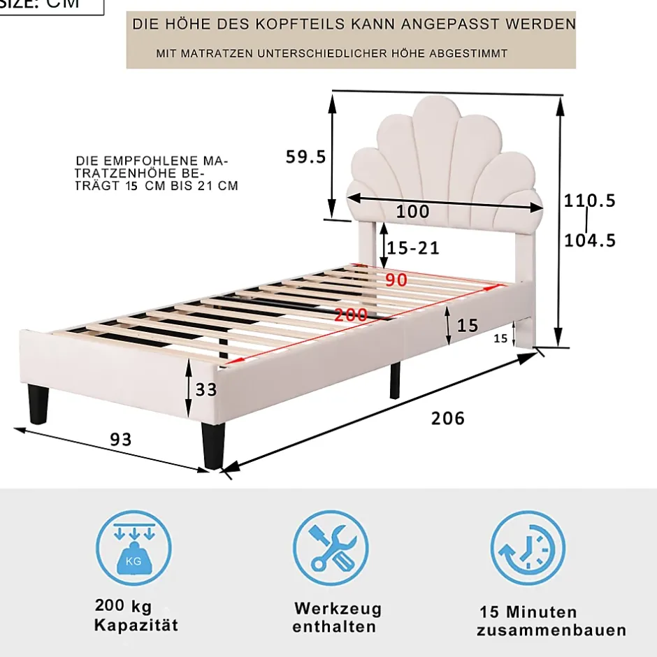 ProximaX Lit simple capitonnés 90 x 200 cm - tête de lit en forme de fleur - sommier à lattes - velours - Beige New