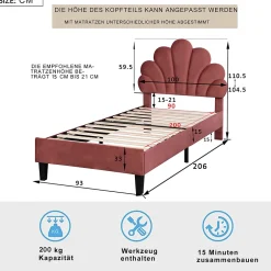 Simple Life Lit simple capitonnés 90 x 200 cm, tête de lit en forme de fleur, sommier à lattes, velours, Rouge Online