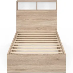 IDMarket Lit simple CLEM avec rangement, tête de lit et sommier 90 x 190 cm hêtre et blanc