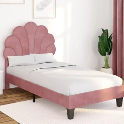 IDMarket Lit simple coquillage 90 x 190 cm AMANDA avec sommier velours rose poudré Clearance