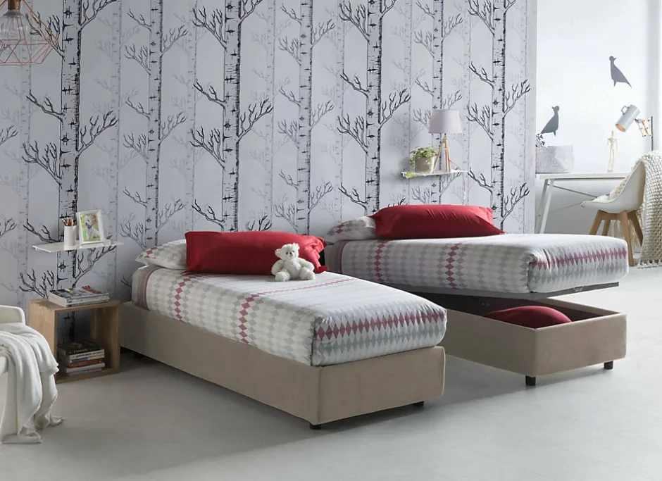 Talamo Italia Lit simple Dabate, Lit coffre avec revêtement en tissu, Ouverture frontale, avec matelas 80x190 cm inclus, Taupe