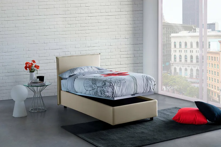 Talamo Italia Lit simple Daquin, Lit coffre avec revêtement en tissu, Ouverture frontale, avec matelas 80x190 cm inclus, Beige